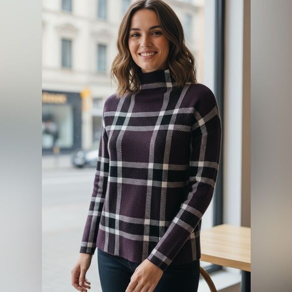Max Studio Burgundy Turtleneck Sweater Fall Winter Purple Windowpane Plaid Cute - Picture 1 of 7